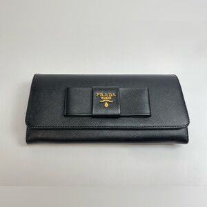 Prada Black Saffiano Ribbon Leather Wallet with Gold Accents